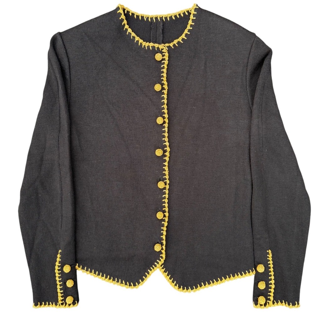 Vintage Black Knit Cardigan with Gold Crochet Trim and Buttons